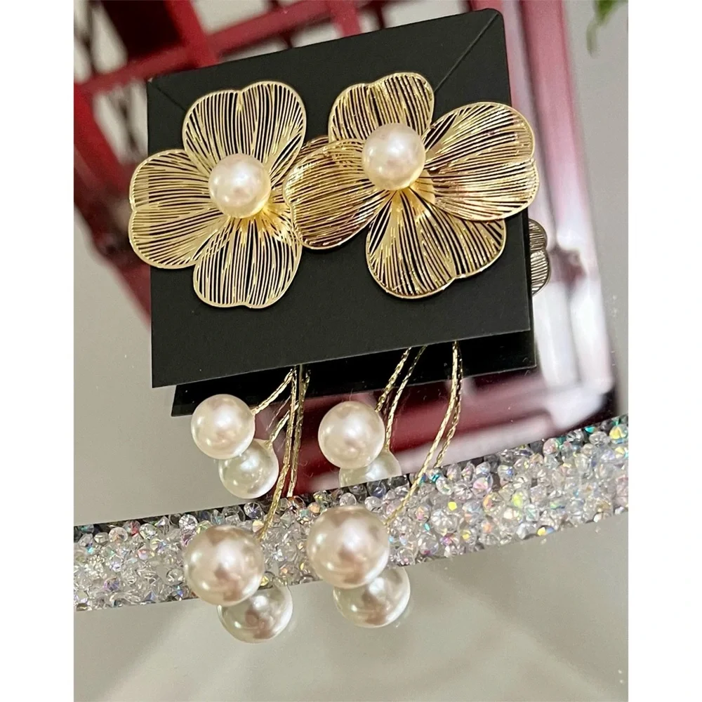 LAST! Romantic Flower Petal Long Tassel Drop Earrings Faux Pearl 2 Part Earrings - Picture 4 of 7